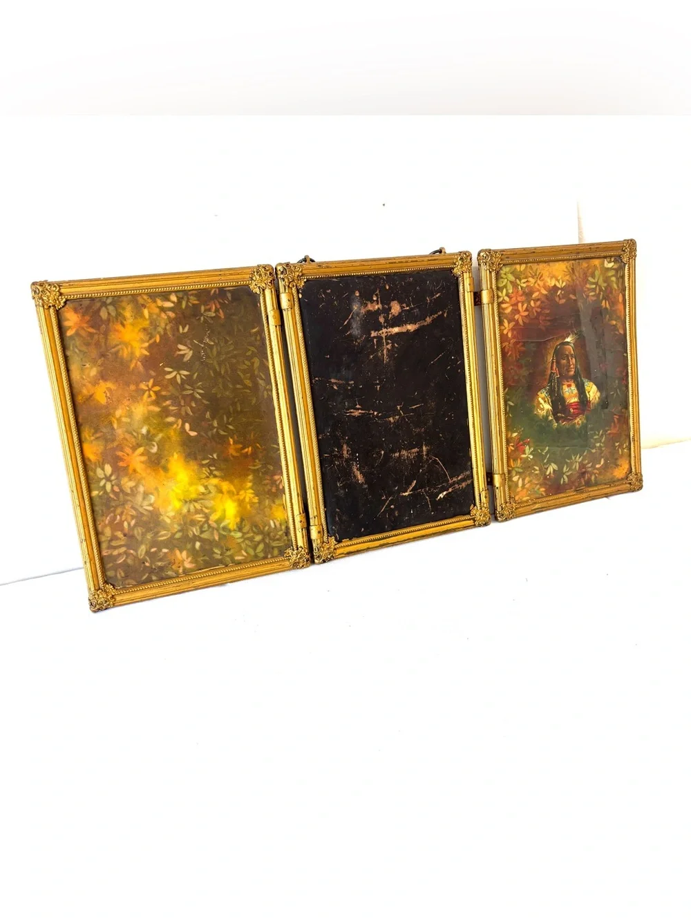 Mirror: Antique Victorian Beveled Tri-Fold Hanging Brass Indian Floral Wall Art